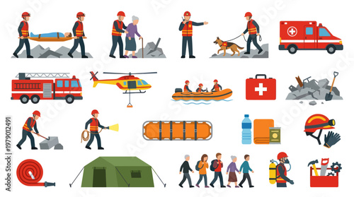 Flat Vector Illustration Set of Emergency Services and Disaster Relief Operations Icons