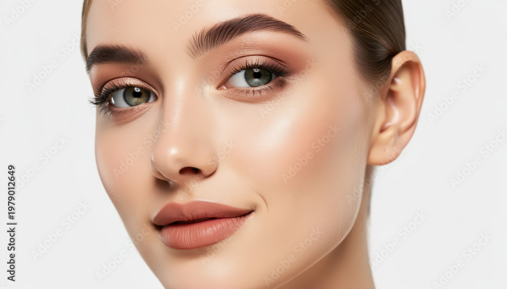 Fototapeta premium Elegant Radiance: A close-up shot of a woman with radiant, flawless skin, adorned with subtle makeup, showcasing natural beauty.