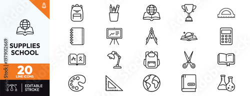 Comprehensive collection of twenty school supplies line icons including backpack notebook calculator globe and stationary items for education learning and back to school themed design projects
