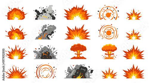 Flat Cartoon Explosion Visual Effects Icons Set for Gaming and Animation