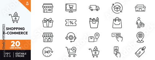 Comprehensive collection of shopping and e-commerce line icons featuring retail storefronts digital shopping carts delivery trucks discount coupons customer support and order tracking