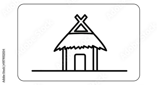 Simple Tribal Hut Icon: Traditional Thatched Roof Dwelling, Primitive Shelter Line Art