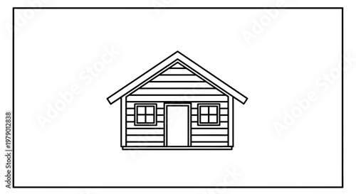 Simple Wooden Cabin House Icon, Line Art Drawing, Minimalist Design