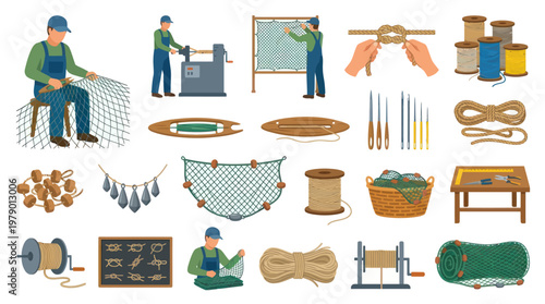 Fishing Net Crafting and Tools - Vector Illustration
