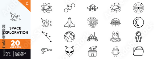 Space exploration line icons collection featuring astronaut alien rocket planets stars satellite UFO and galaxy. Perfect for scientific educational projects and cosmic designs for various media.