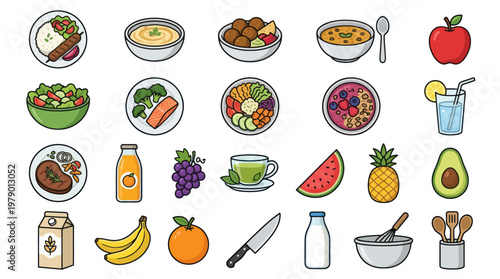 Healthy Food and Cooking Flat Outline Vector Icons Set - Meals, Fruits, Vegetables, Kitchen Utensils
