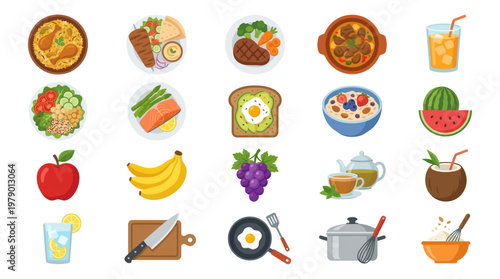 Flat Vector Food and Cooking Icons Set: Healthy Eating, Dishes, Fruits, Vegetables  Kitchen Utensils