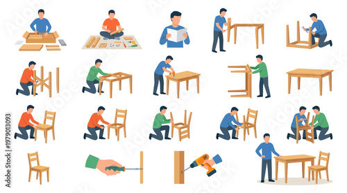DIY Home Furniture Assembly Flat Vector Illustration. People Building Tables and Chairs Set.