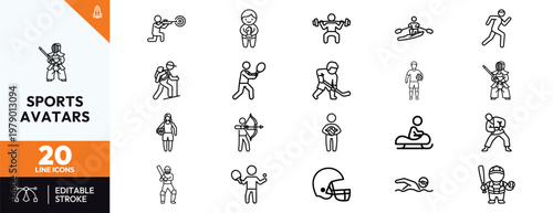 Minimalist thin line sports avatars collection including archery, baseball, basketball, hockey, tennis, swimming, and martial arts icons for modern athletic interface design and app graphics.