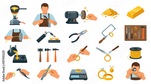 Goldsmith Jewelry Making Process Flat Vector Icons Set with Tools and Gold Crafting