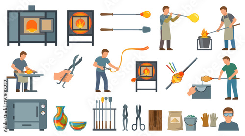 Flat Design Glassblowing Workshop and Tools Vector Icons Set