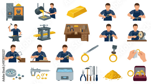 Jewelry Making Process and Tools, Flat Design Icons Set