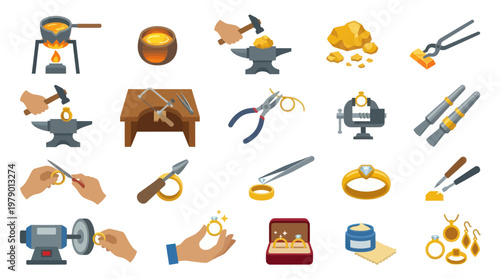 Jewelry Making Tools and Materials Vector Icons Set Flat Style