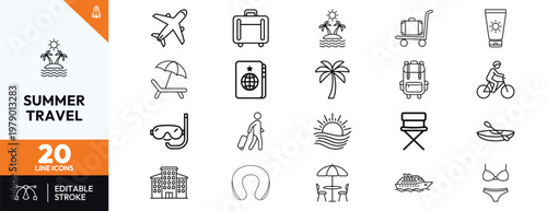 Collection of twenty thin line icons representing summer vacation and travel adventures including airplane suitcase passport beach elements and outdoor activities for website design