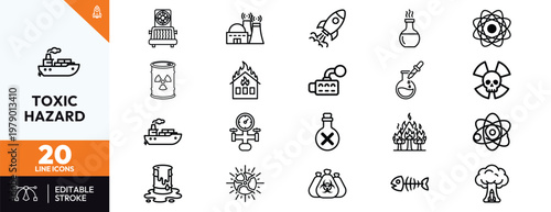 Collection of toxic hazard and environmental pollution line icons featuring radiation symbols chemical waste biohazard signs industrial disaster elements and ecological damage concepts
