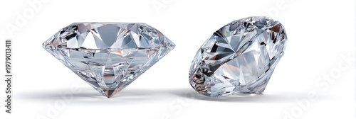 Two dazzling, clear, faceted gemstones, each positioned on a white background, casting a shadow