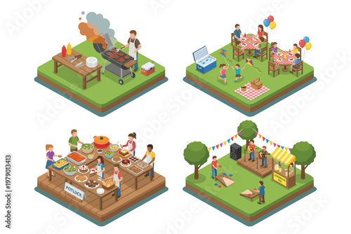 Isometric set of outdoor social gatherings, featuring diverse community events, BBQ parties, picnics, and festive food celebrations