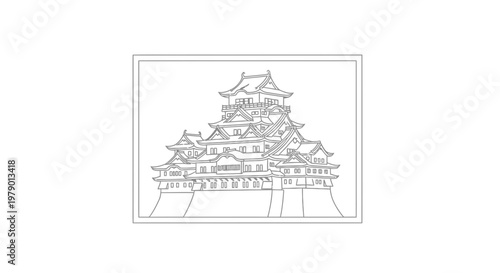 Outline Drawing of a Japanese Castle on a White Background