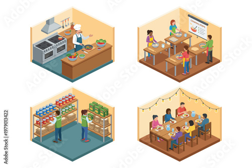 Exploring the Culinary World Detailed Isometric Illustrations of Kitchen Life, Learning to Cook, Food Organization, and Shared Meals