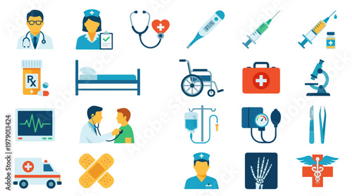 Flat Medical Healthcare Icons Set: Equipment, Personnel  Symbols Vector Collection
