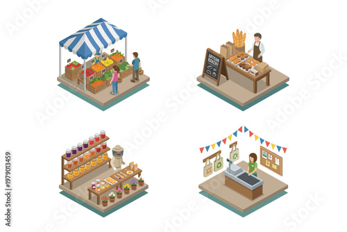 Set of isometric illustrations depicting various stalls at a local market with fresh produce and baked goods
