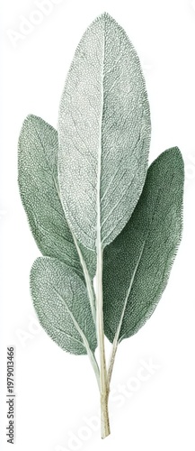 Detailed botanical illustration of sage leaves against a white background