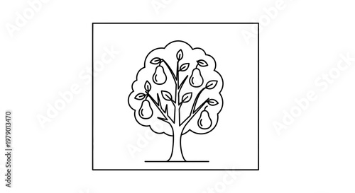 Pear Tree Outline Icon: Simple Line Art of Fruit Bearing Tree