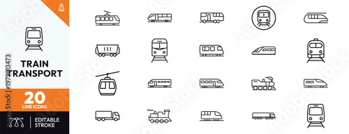Comprehensive set of train and public transport line icons featuring subway metro high speed rail steam locomotive tram cable car bus and truck for logistics and travel design projects.