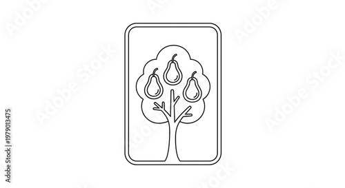 Pear Tree Icon: Simple Line Art Illustration of Fruit Bearing Tree in a Frame