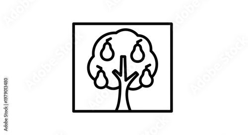 Pear Tree Icon: Simple Outline of Fruit-Bearing Tree in Square Frame