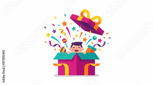 Happy young child emerging from a colorful surprise gift box surrounded by floating confetti and celebration elements in vector illustration