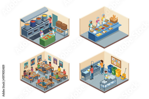 Isometric illustration of different cafeteria and dining hall scenes with people and food preparation