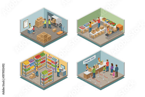 Isometric Retail Operations Set Supermarket Logistics, Stocking, Shopping, and Checkout Processes