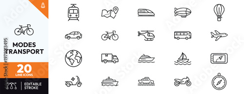 Comprehensive collection of transport icons featuring various travel modes including train car bicycle helicopter bus plane ship motorcycle scooter alongside navigation and logistics tools