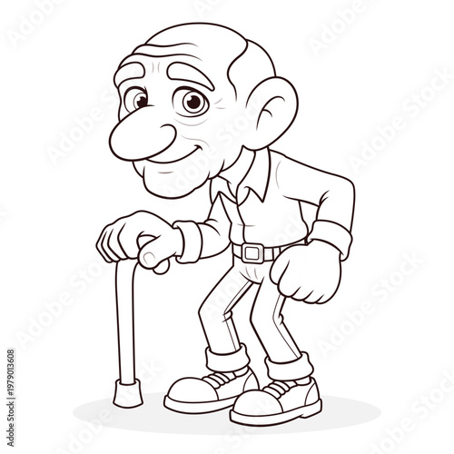 Elderly Grandpa Cartoon Character with Walking Stick, Line Art Coloring Page for Children