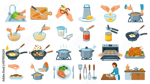 Flat Design Cooking and Food Preparation Icons Set