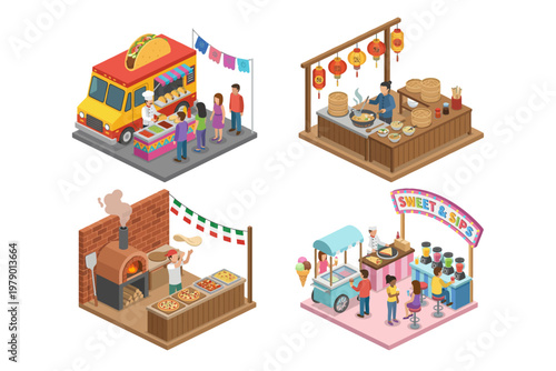 Isometric food stalls and trucks at a vibrant outdoor market