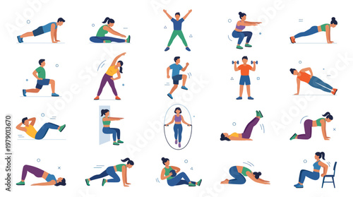 Fitness Workout Exercises Flat Design Illustration Set for Sport and Healthy Lifestyle Concepts