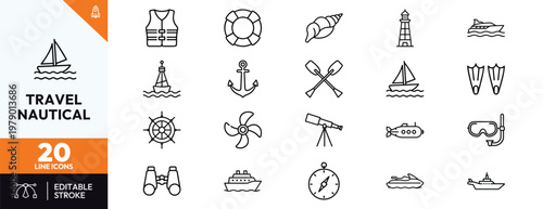 Collection of twenty sea travel and marine navigation line icons featuring lighthouse sailboat anchor cruise ship submarine compass lifebuoy life jacket for ocean adventure designs.