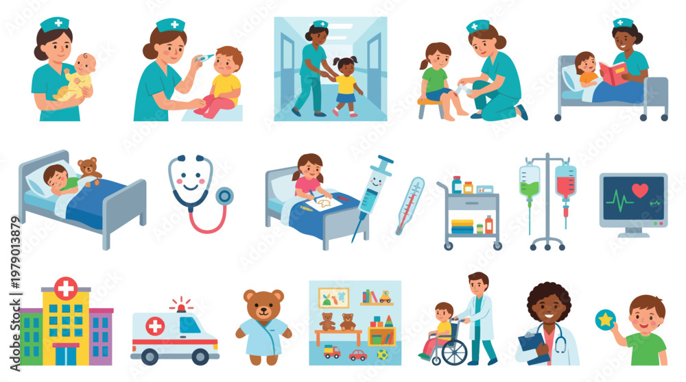 Fototapeta premium Pediatric Medical Care Flat Illustration Set: Nurses, Doctors, Hospital, Kids Health Icons