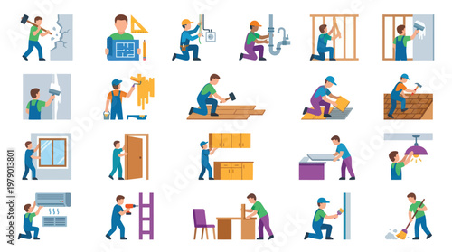 Flat Cartoon Home Renovation and Repair Services Icons Set