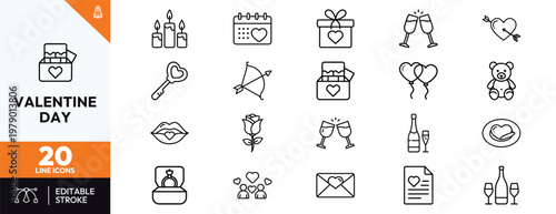 Set of Valentine Day line icons including heart, gift, rose, champagne, ring, and calendar. Minimalist romantic symbols for wedding, dating, and love celebrations. Perfect for web and app design.