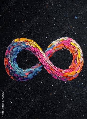 An infinity symbol rendered with a vibrant palette against a starry night sky