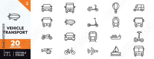 Set of twenty minimalist transport and vehicle outline icons for logistics and travel design featuring car bus truck airplane ship train bicycle motorcycle and more simple symbols.