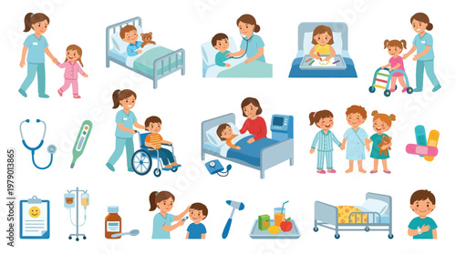 Flat Vector Medical Pediatric Care Illustration Set with Doctors, Nurses, and Child Patients