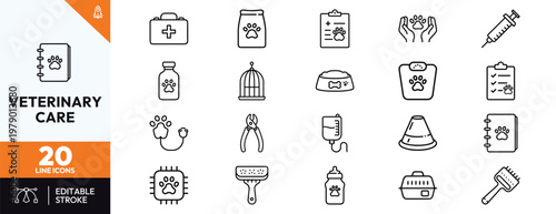 Veterinary care line icons set for pet health and medical services featuring dog and cat paw prints, medical tools, pet grooming equipment, animal clinic supplies, and pet owner essentials.