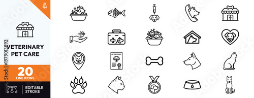 Comprehensive collection of veterinary and pet care line icons featuring animals, medical supplies, grooming, and clinic services for professional animal healthcare and pet shop design.
