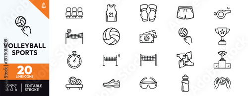 Comprehensive set of thin line icons for volleyball sports activities including equipment gear court items and player apparel for graphic design and web projects and mobile applications