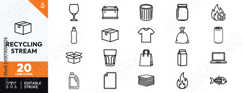 Collection of minimal line icons representing various recyclable materials and waste stream categories like paper plastic glass metal and organic waste for environmental conservation