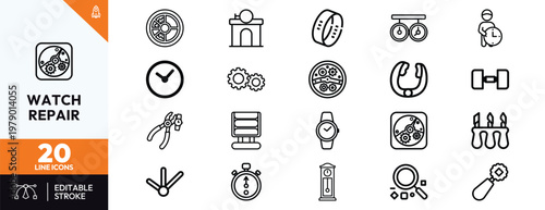 Comprehensive collection of minimalist line icons for watch repair and horology maintenance services featuring various timepieces gears professional tools and clock mechanisms for design projects